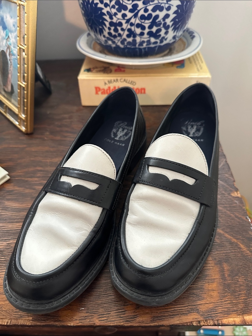 Cole Haan Black and White Leather Penny Loafers